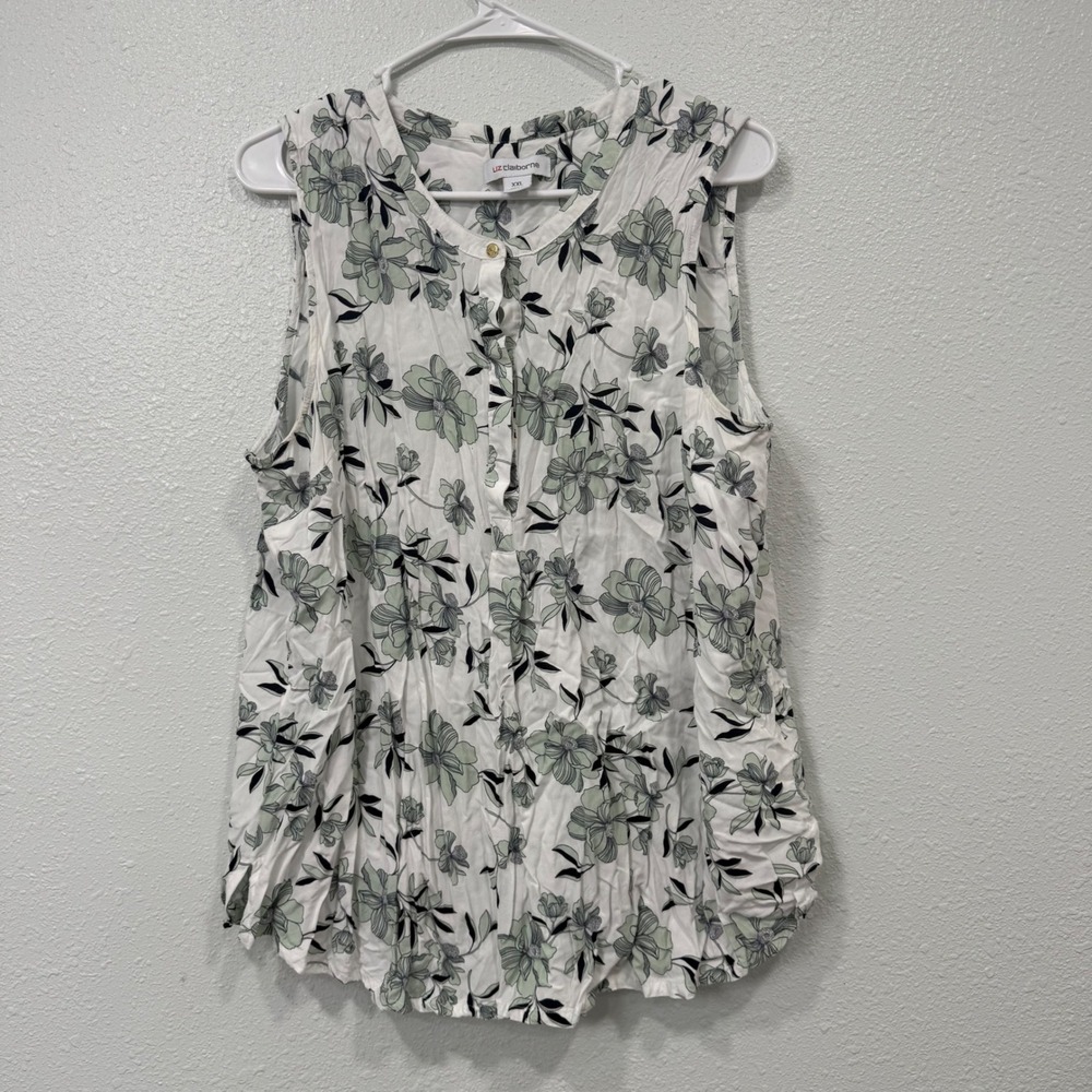 Liz‎ Claiborne Womens XXL Floral Sleeveless Blouse White Green Rayon Top